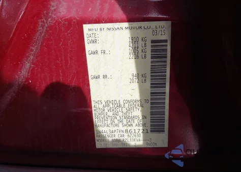 2015 Nissan Altima 2.5 Sl from USA, damaged, VIN 1N4AL3AP7FN861721